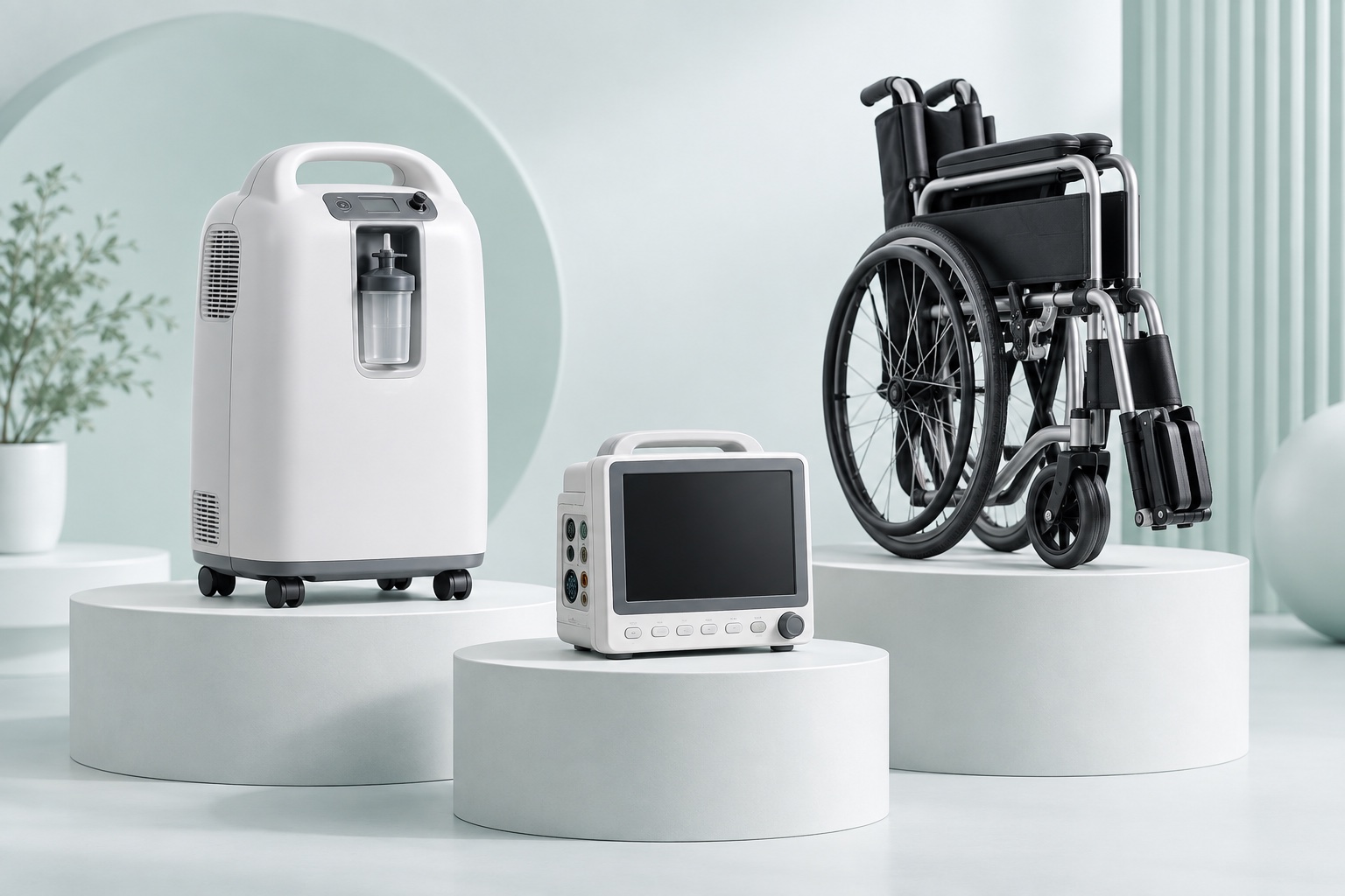Oxygen concentrator, wheelchair and patient monitor in a clean studio setting